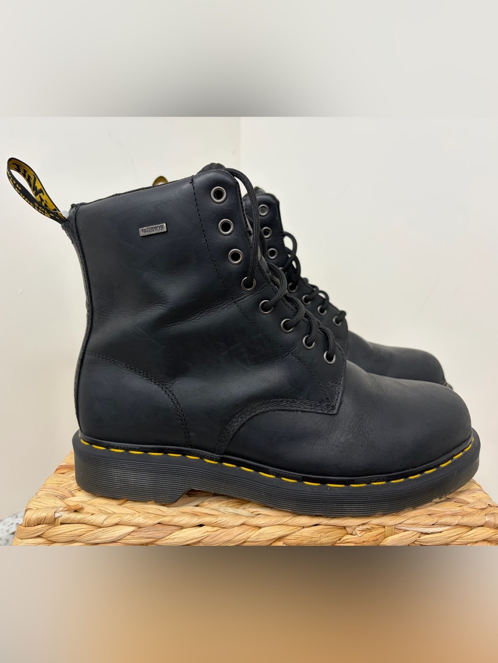 Dr. Martens Black Leather Lace-Up Ankle Boots with Yellow Welt Stitching